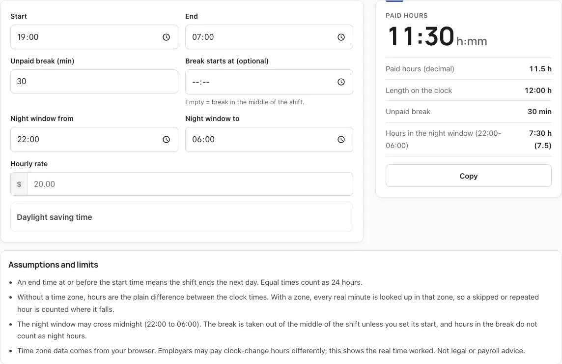 Shift calculator example