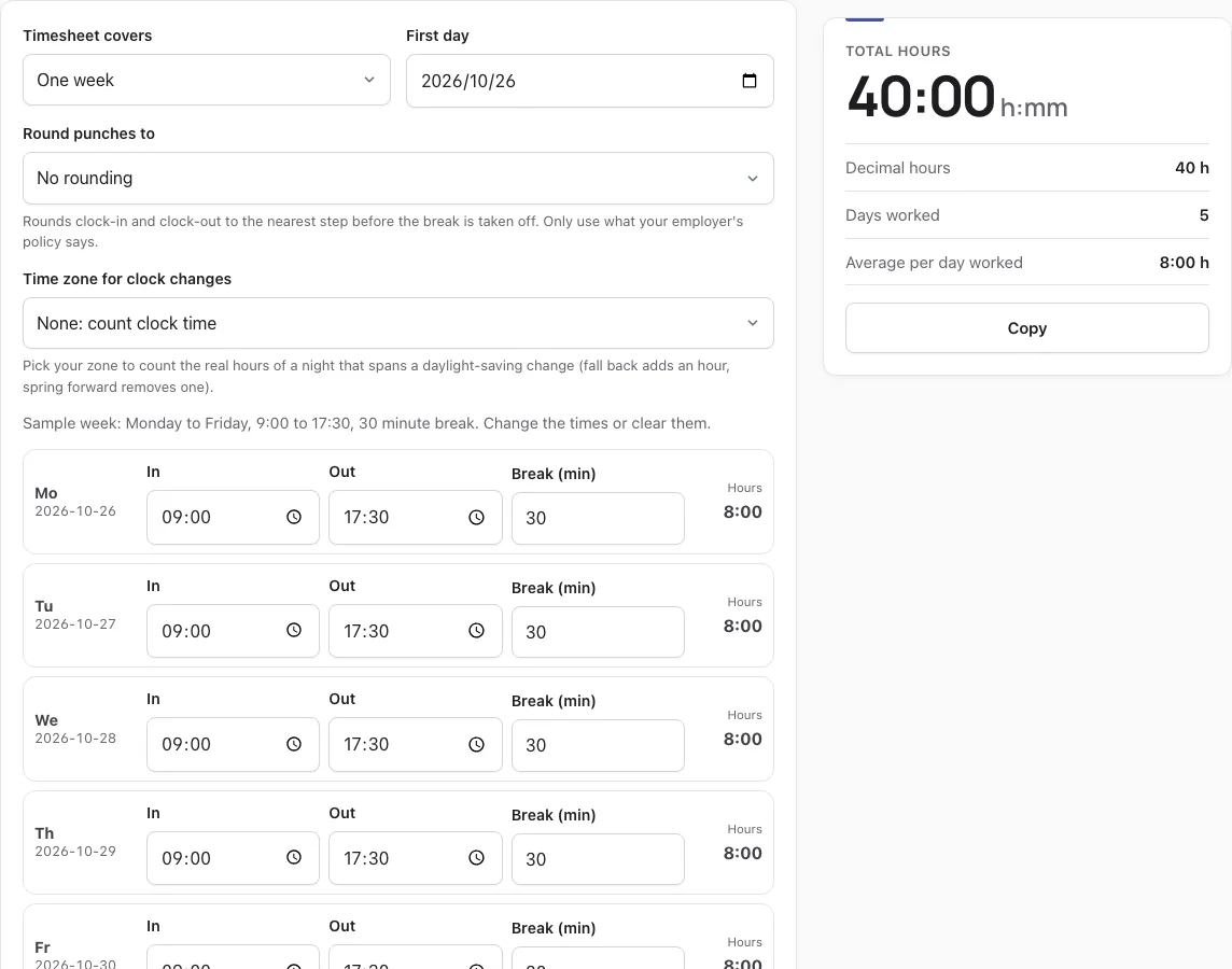 Timesheet calculator example